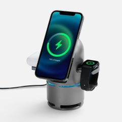 Droid — это технологичная Bluetooth-колонка с подвижными площадками для беспроводной зарядки смартфона, наушников и часов. Droid подразумевает...