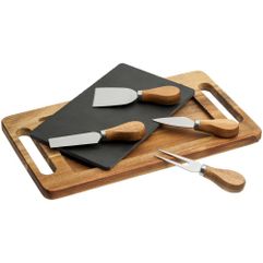 В наборе 6 предметов:  разделочная доска из сланца; деревянный поднос для сервировки; вилка для сыра; нож-лопатка для мягкого сыра; нож-топорик для...