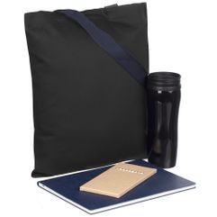 В набор входят:  блокнот Mild, синий набор карандашей Pencilvania Maxi термостакан Shape, черный холщовая сумка BrighTone