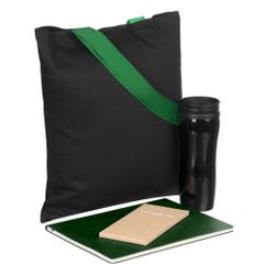 В набор входят:  блокнот Mild, зеленый набор карандашей Pencilvania Maxi термостакан Shape, черный холщовая сумка BrighTone