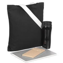 В набор входят:  блокнот Mild, серый набор карандашей Pencilvania Maxi термостакан Shape, черный холщовая сумка BrighTone