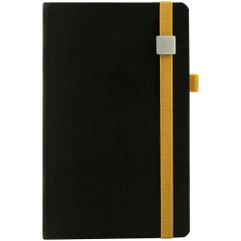 Ежедневник с полутвердой обложкой, выполнен из материала Replica, черный АА, дополнен желтой резинкой с металлическим шильдом и ляссе. <br/>Блок...