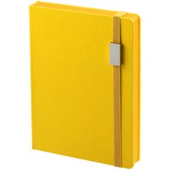Ежедневник с твердой обложкой, выполнен из материала Latte, желтый КК, обрез зеленого цвета, дополнен ляссе желтого цвета и резинкой с металлическим...