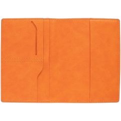 Обложка выполнена из материала Petrus, оранжевый ОО. Срез обложки окрашен в серый цвет. Имеет основное отделение для паспорта и 2 кармана для визиток...