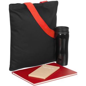 В набор входят:  блокнот Mild, красный набор карандашей Pencilvania Maxi термостакан Shape, черный холщовая сумка BrighTone