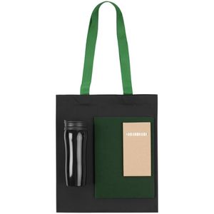 В набор входят:  блокнот Mild, зеленый набор карандашей Pencilvania Maxi термостакан Shape, черный холщовая сумка BrighTone