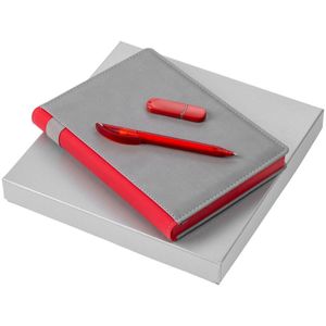 В комплекте  Ежедневник Spain, недатированный, серый с красным Флешка Vivien, красная, 8 Гб Ручка шариковая Prodir DS3 TFF Ring, красная с серым