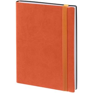 Ежедневник с гибкой обложкой выполнен из материала Brand, оранжевый ОО, и дополнен резинкой шириной 1 см, капталом и ляссе оранжевого цвета. Блок 922:...