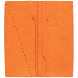Органайзер выполнен из материала Petrus, оранжевый ОО, дополнен окрашенным срезом края серого цвета. Имеет 5 отделений: для билетов, паспорта, визиток...